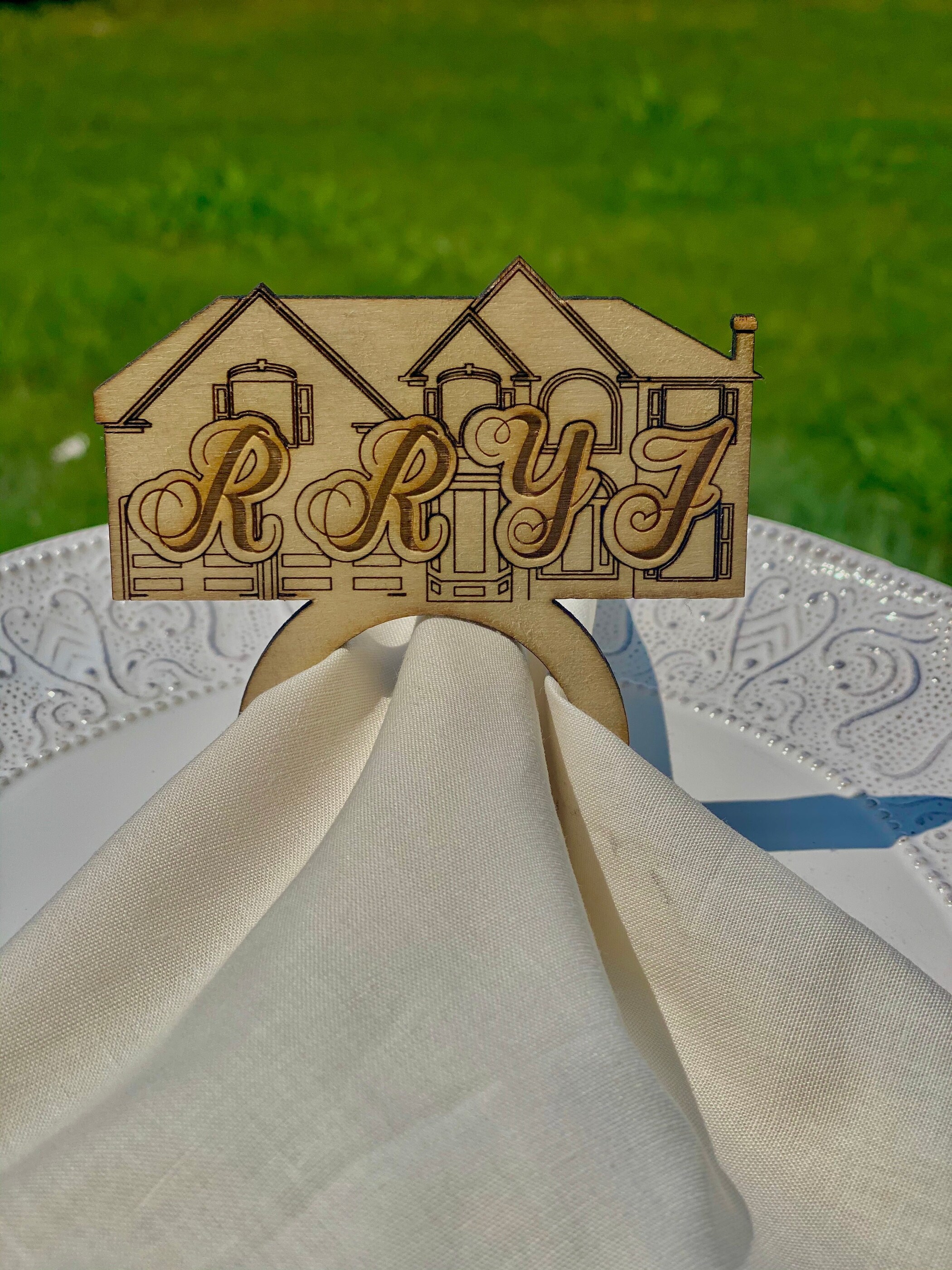 Custom Laser Cut Wood Napkin Rings, House or Initials, Set of 4-12