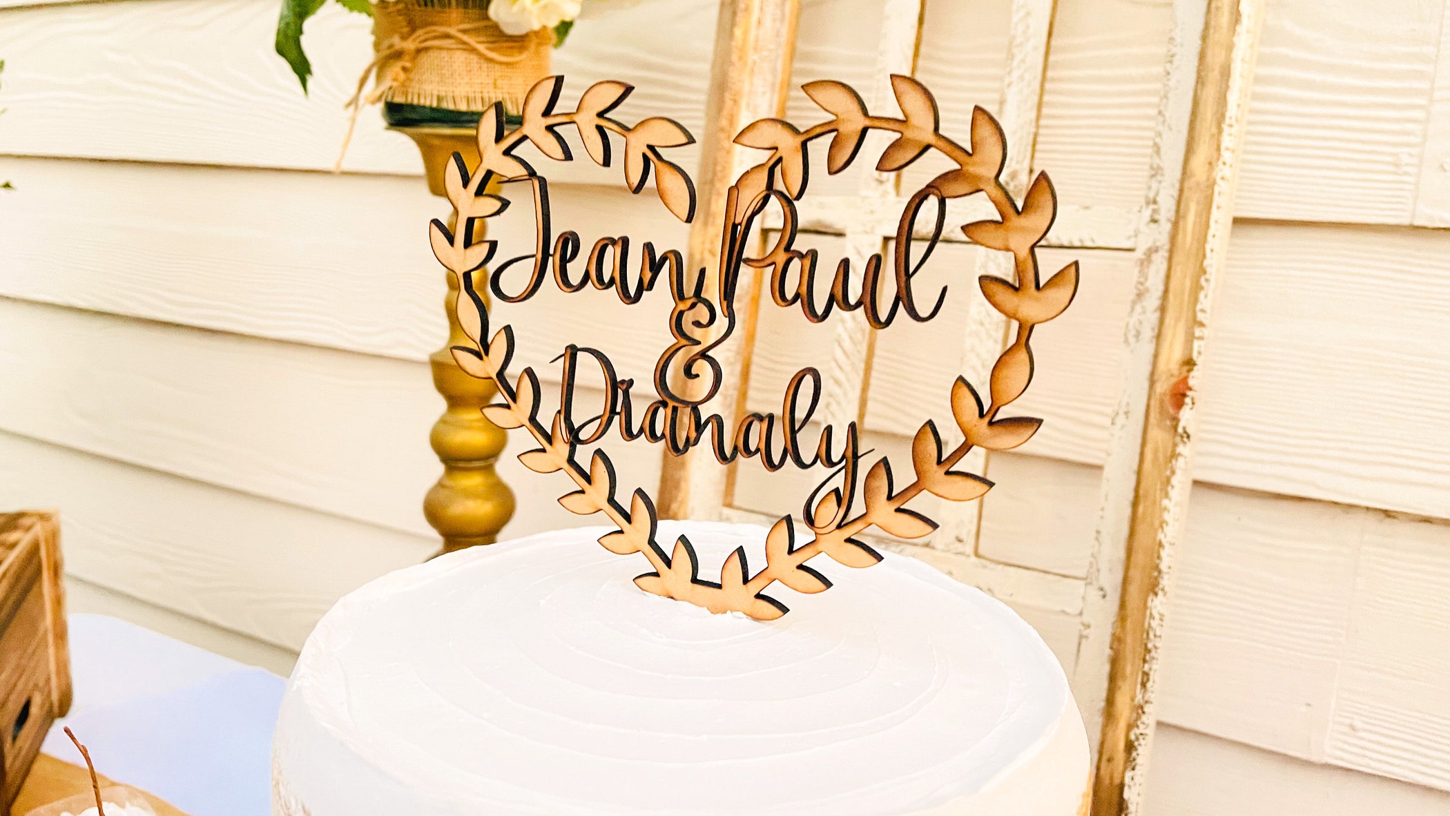Personalized Wood Wedding Cake Topper, Boho Floral Wreath