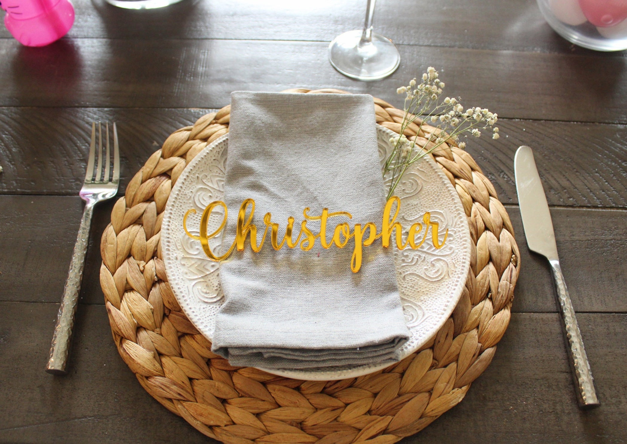 Custom Gold Mirror Acrylic Place Cards, Laser Cut Wedding Guest Names